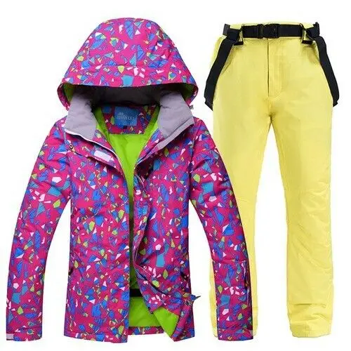Fashion Print Ski Suit Women Thick Warm Waterproof Windproof Snowboarding Jacket Pants Set