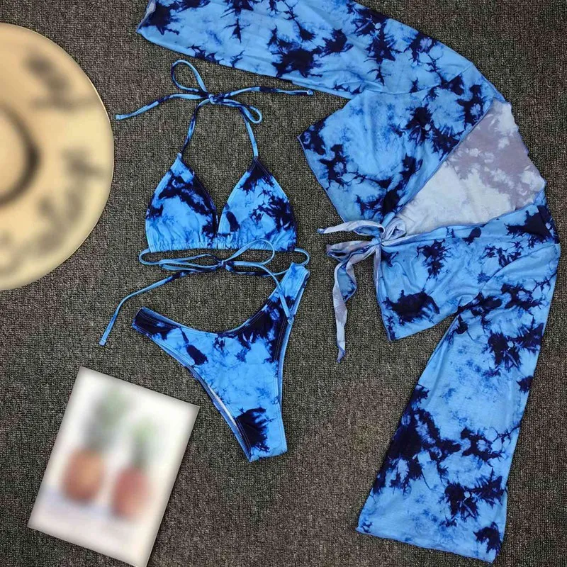 

Sexy Three-Piece Bikini Suit Flared Sleeve Bikini Cover Swimsuit Ladies Print Swimsuit Green L Size