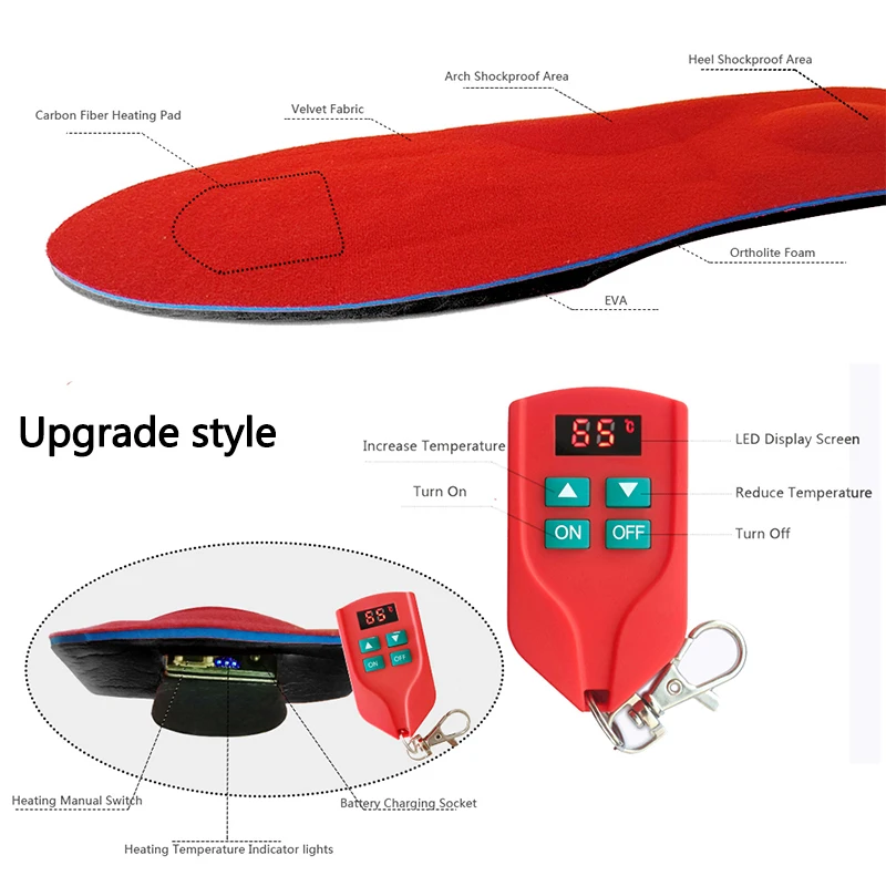 2000mAh Electric Heated Insoles LED Wireless Remote Control EVA Rechargeable Foot Warmer Sports Shoes Pads Size 35-46 Can Be Cut