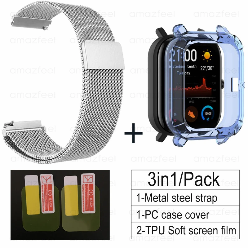 silver-blue 3в1 Для Amazfit GTS ремешок+ ТПУ чехол для Huami Amazfit gts Smartwatch Защитная пленка для экрана браслет ремешок на запястье - Цвет: silver-blue