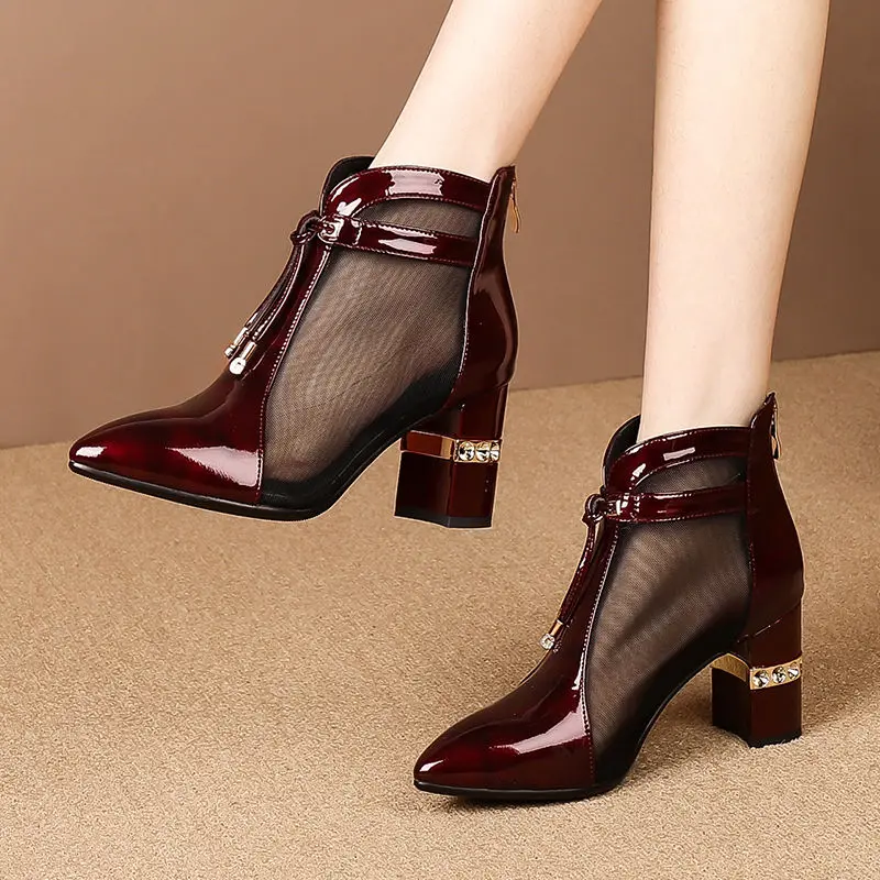 

Soft Patent Leather Mesh Boots Sandals Woman 2020 Ankle Summer Boots Pointed toe Sexy Women's Shoes for Female Black Wine-red
