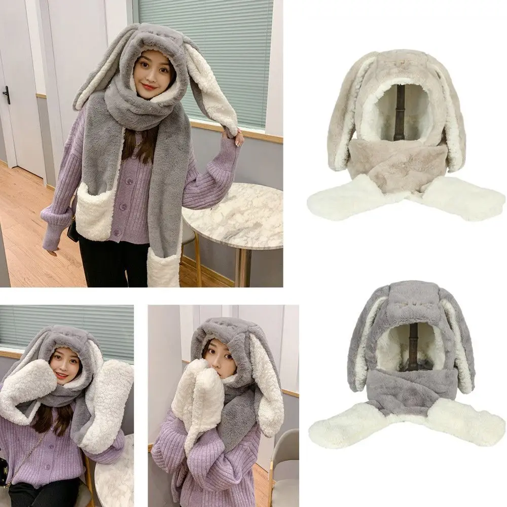 

Trendy Cute Cartoon Windproof Scarf with Mitten Rabbit Ear Hat Hat Gloves Set Winter Warm Bunny Plush Cap