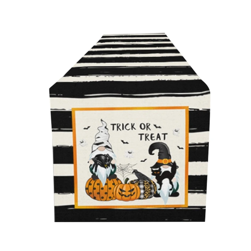 

Halloween Faceless Gnome Pumpkin Print Table Runner Flag Farmhouse Cotton Linen Striped Tablecloth Scarf Party Decor
