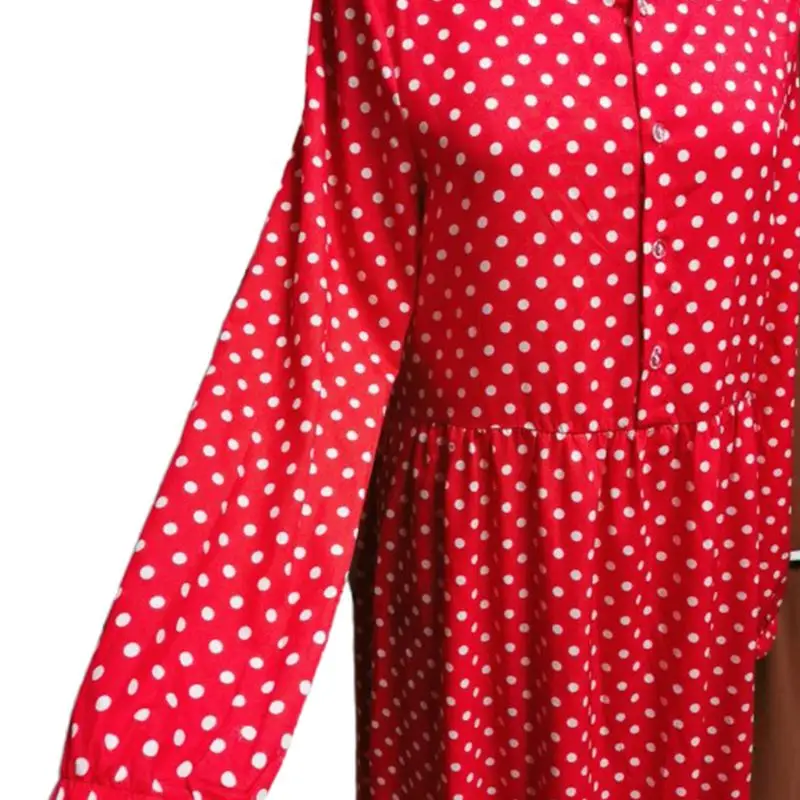 

Women Muslim Lantern Sleeve Maxi Swing Dress Polka Dot Buttons Ruffles Kaftan
