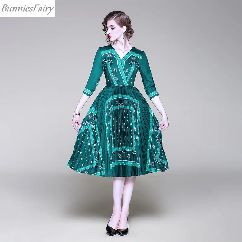 BunniesFairy 2019 Autumn New Women Elegant Vintage Retro Green Geometric Floral Print Pleated Dress V-neck Three Quarter Sleeve | Женская