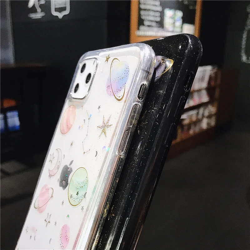 Glitter Planet Star Moon Space Phone Case For iPhone 14 Pro Max 13 12 11 X XS XR 7 8 Plus Mini Transparent Soft Epoxy Back Cover