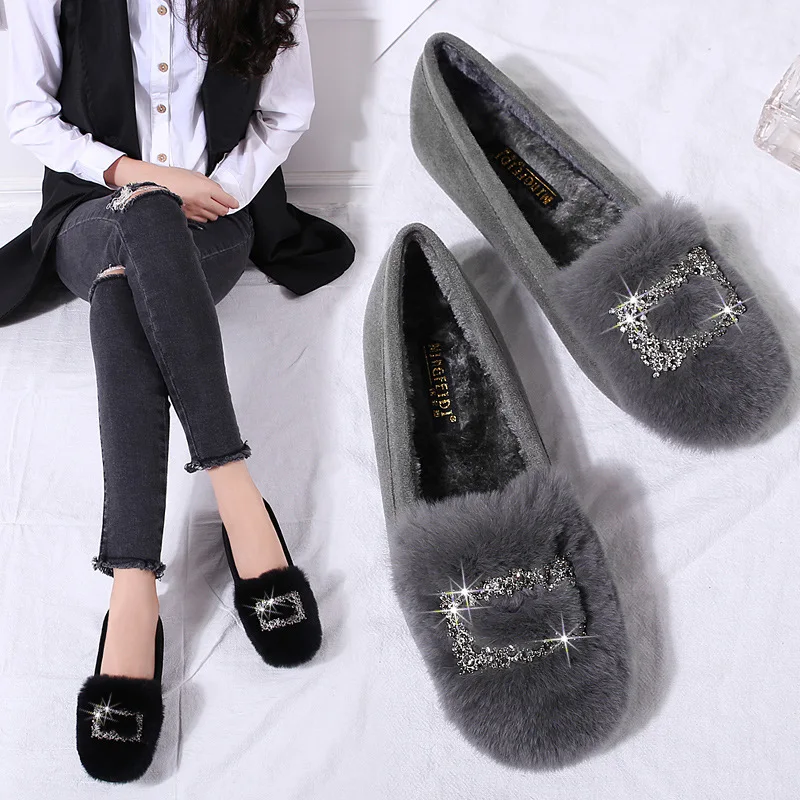 

Hairy Shoes Women's Korean Version of All-match Real Rabbit Fur Shoes Plus Cashmere Peas Shoes Women's Social Cotton Shoes