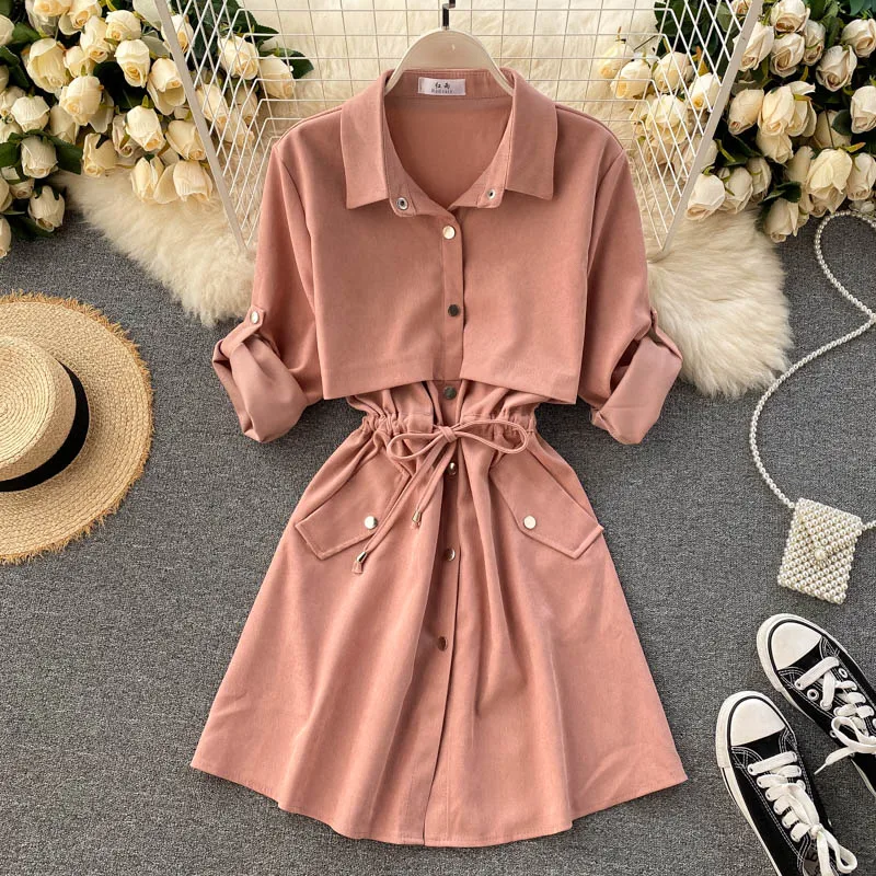 

New Spring Women Casual Single-breasted Lace-up MIDI Dress Full Sleeve Minimalism Turn-down Collar A-line Female Vestidos femme