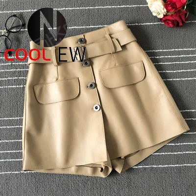 

Genuine Leather Sheepskin Wide Leg Shorts Women Elegant Black High Waist Buttons Shorts Autumn Winter Office Lady Shorts S-2XL