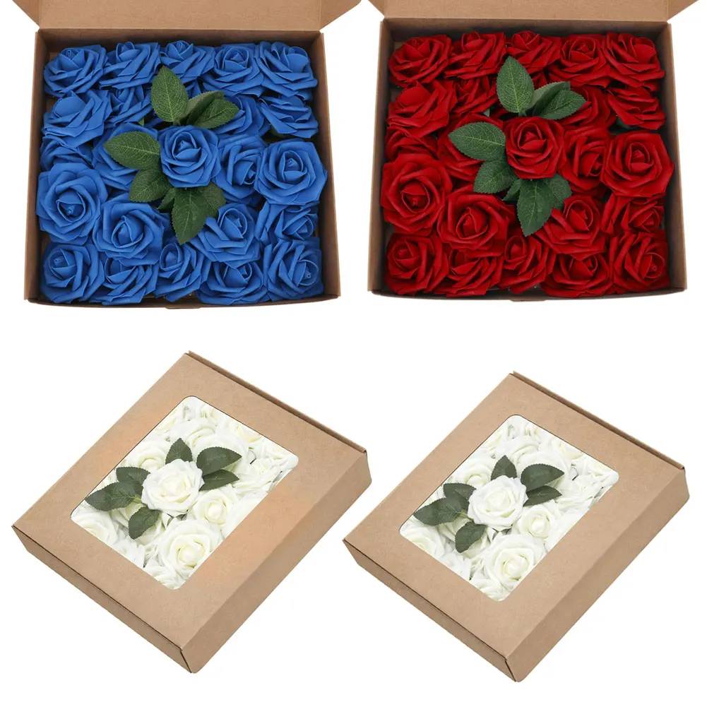 

25pcs/Box Artificial Flowers Real Touch Fake Foam Roses With Stem For Wedding Party Bouquets Home Decorations Bridal Bouquets