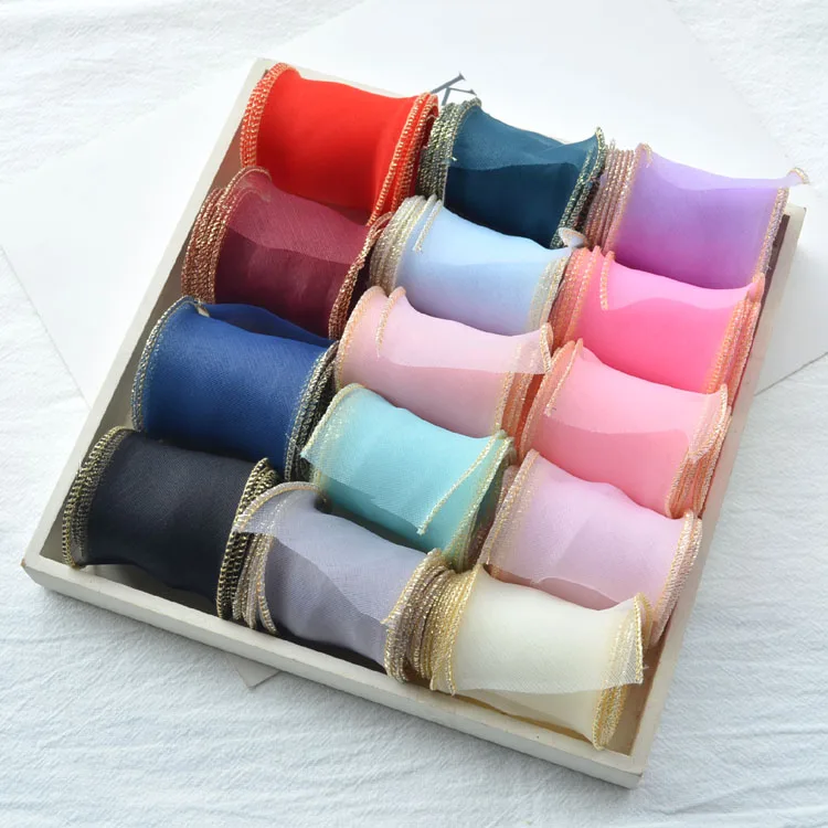 Лента из шифоновой органзы с золотым краем 55 мм|Ленты для шитья| |