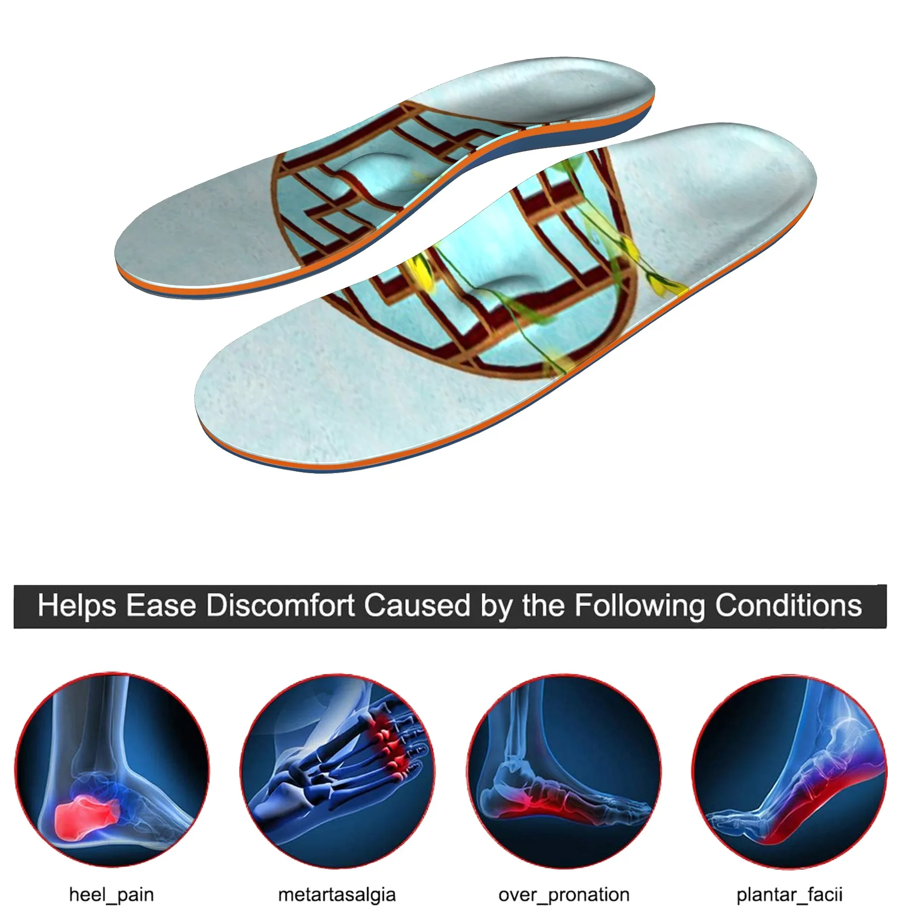 Light blue high arch support, orthopedic insoles, plantar fasciitis, foot sports, running insoles