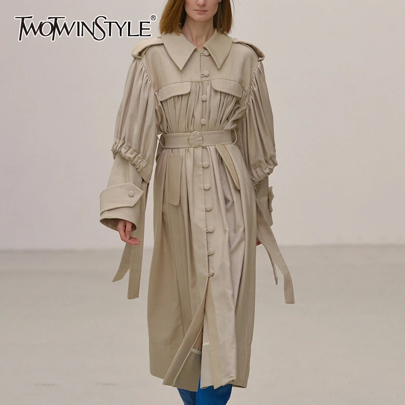 TWOTWINSTYLE, корейские женские пальто из искусственной кожи, воротник с лацканами, пышные рукава, высокая талия, на шнуровке, Женское пальто,, осенняя мода, новинка