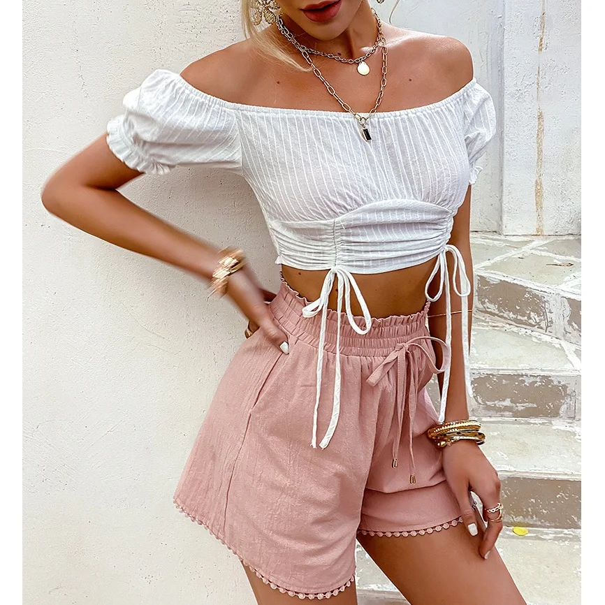 

Летние Новые брюки с эластичным поясом и кружевной сумкой розовые шорты женские повседневные свободные кружевные шорты с вырезами по бокам...