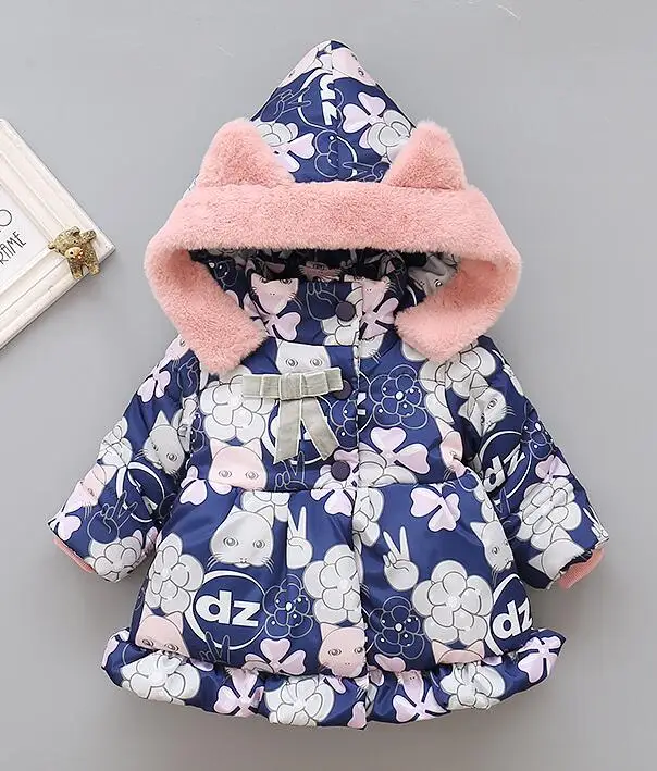 navy blue Детские куртки для маленьких девочек одежда для малышей Детские пальто с капюшоном зимняя теплая куртка с рисунком для малышей Верхняя одежда для малышей От 2 до 5 лет - Цвет: navy blue