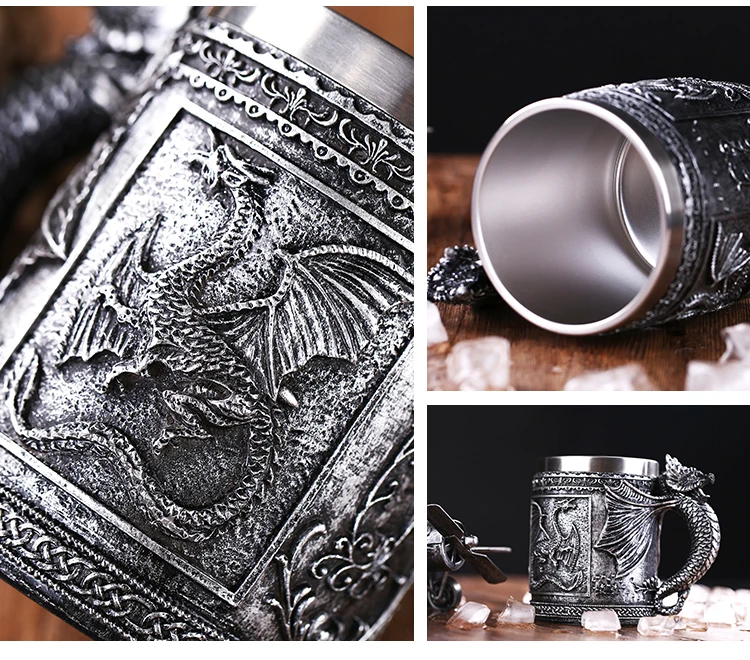 

Dragon Resin Stainless Steel Beer Mug Skull Knight Tankard Halloween Coffee Cup Creative Viking Tea Mug Pub Bar Decoration