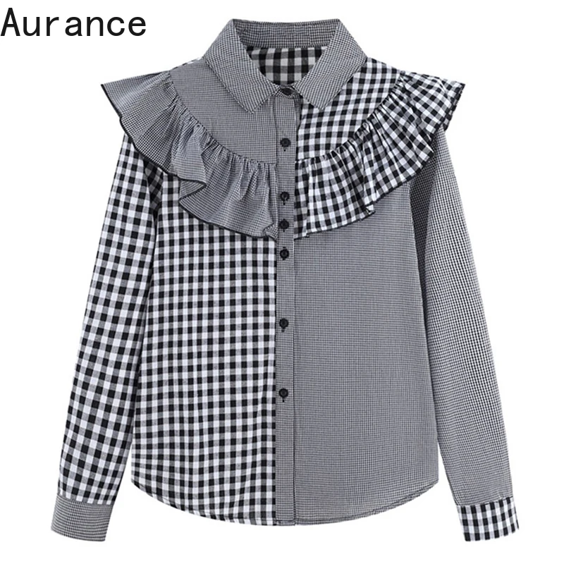 

[Aurance] Women Long Sleeve Loose Black Plaid Ruffles Big Size Blouse New Lapel Fit Shirt Fashion Tide Spring Autumn Tops 2021