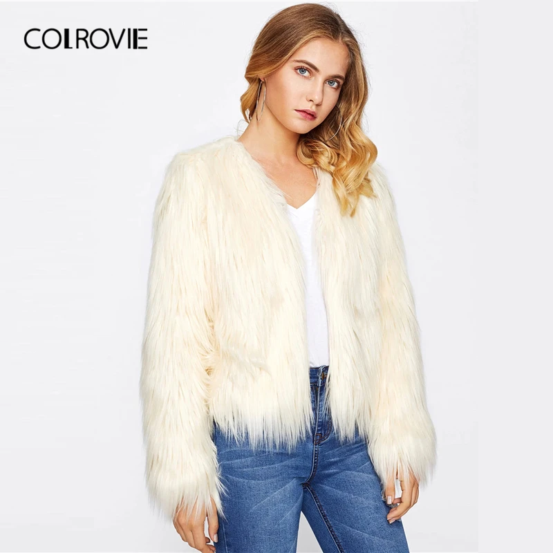 COLROVIE/однотонное пушистое пальто из искусственного меха для женщин; элегантные зимние бежевые Гламурные пальто и куртки; модная женская верхняя одежда