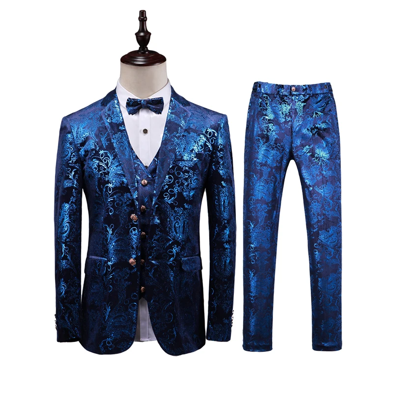 

2021 Men's Suits 3 Piece Luxury Royal Men's Gold Glossy Print Slim Evening Gown Casual Groom Wedding Suit (Jacket+Pants+Vest)
