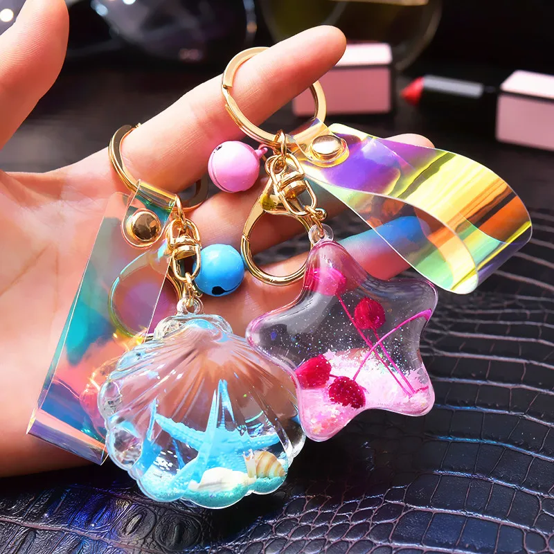 

Acrylic Starfish Shell Key Chain Move Glitter Quicksand Key Fob Liquid Keyring Backpack Pendant Couples Women Men Gift Keychain