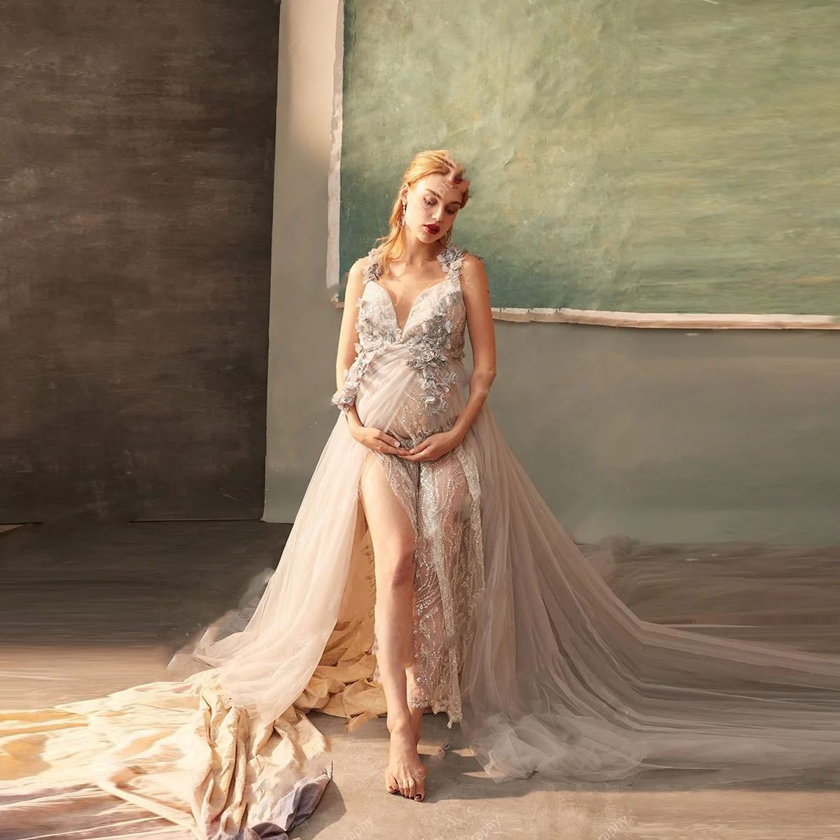 

2021 Floral Flower Pregnancy Dress With Crystal V Neck Appliques Beaded Long Tulle Maternity Evening Dress Photo Shoot