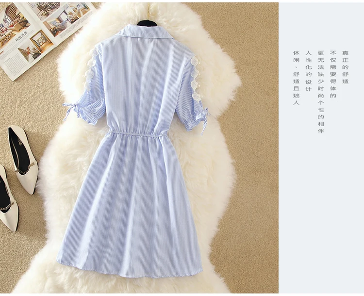 

New Short Sleeve Women's Dress Lapel Stripe Spliced Mesh Comfortable Casual Fashion Top Korean Draw Back Summer