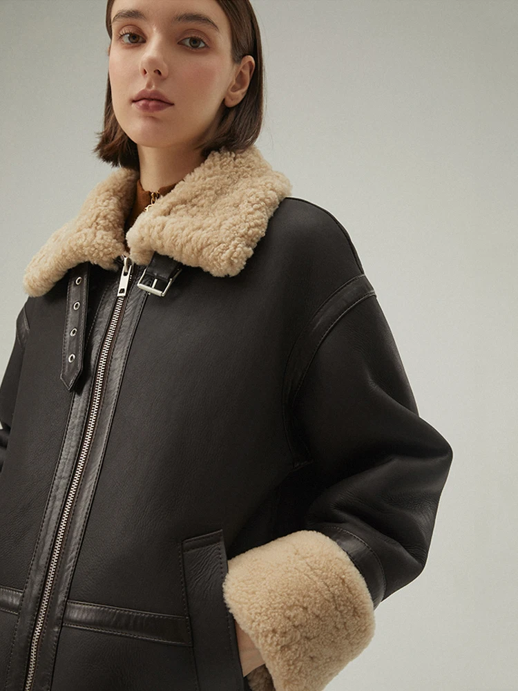 2020 New Womens Shearling Jacket Long Winter Coat Fur Jacket Thicken Wool Coat Brown Leather Jacket