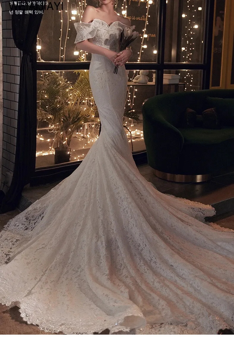 

Custom made Bride Wedding Lace Dress Off Shoulder Mermaid Sexy Wedding Dresses Lace up Cheap vestido de novia robe de mariee