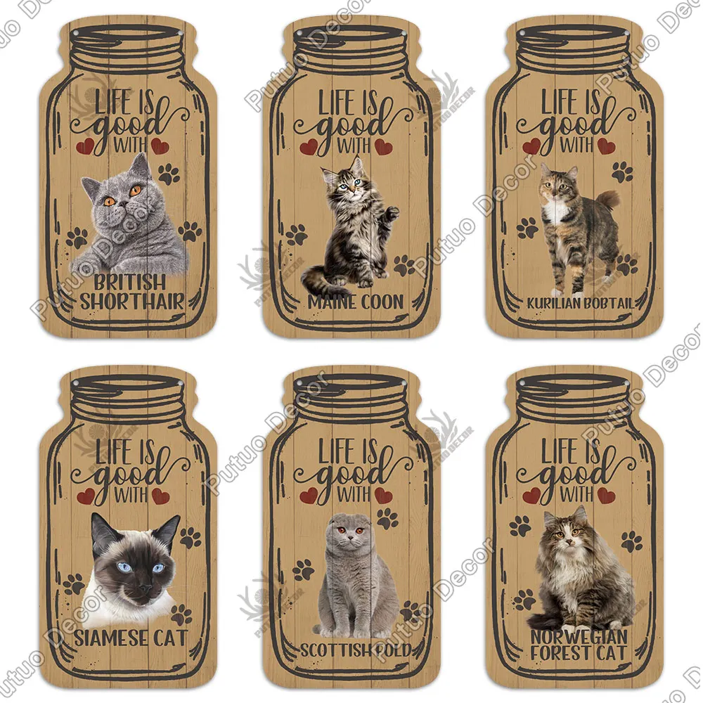 putuo decor cat sign mason jar shape wood hanging sign irregular plate for rustic home decoration cat nest house wall decoration free global shipping
