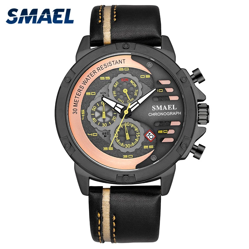 

Часы SMAEL мужские наручные кварцевые в стиле милитари, спортивные аналоговые водонепроницаемые деловые, с кожаным ремешком