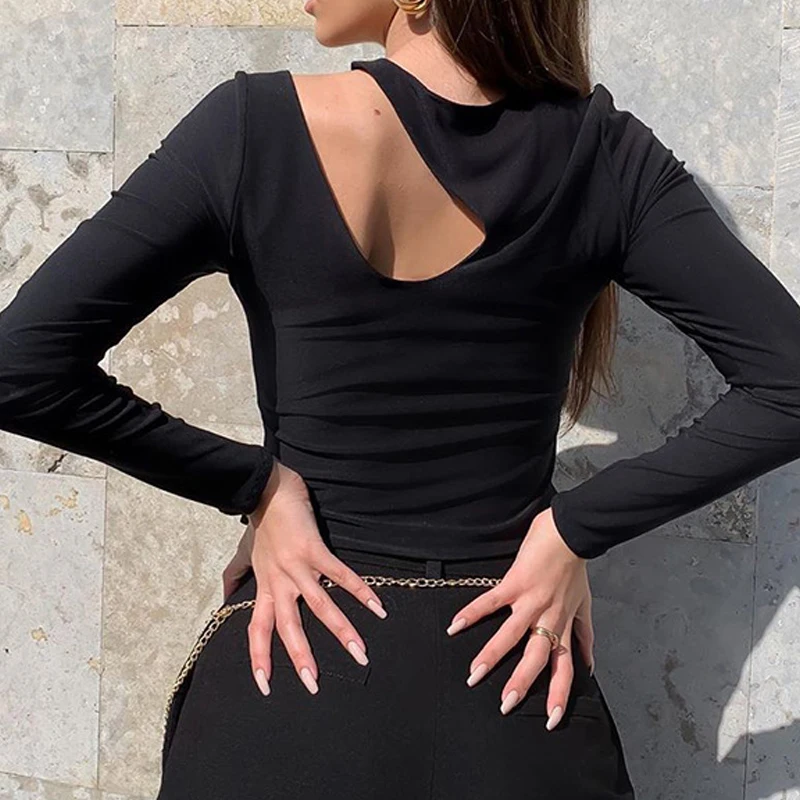 

ArtSu Solid Casual Long Sleeve Crop Top T Shirt Cut Out Elegant T-shirt Women Fashion Skinny Tee Shirt Femme Autumn TS52215