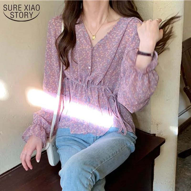 

Long Sleeve Slim-waist Sweet Casual Women Shirts Ladies Boho Print Purple Pullover Tops Floral Print Ruffle Trim Blouse 11314