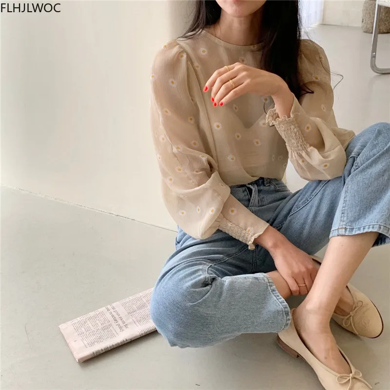 

2020 Fall Autumn Long Sleeve Retro Vintage Tops Chic Fashion Korea Casual Loose Floral Printed Women Transparent Top and Blouses