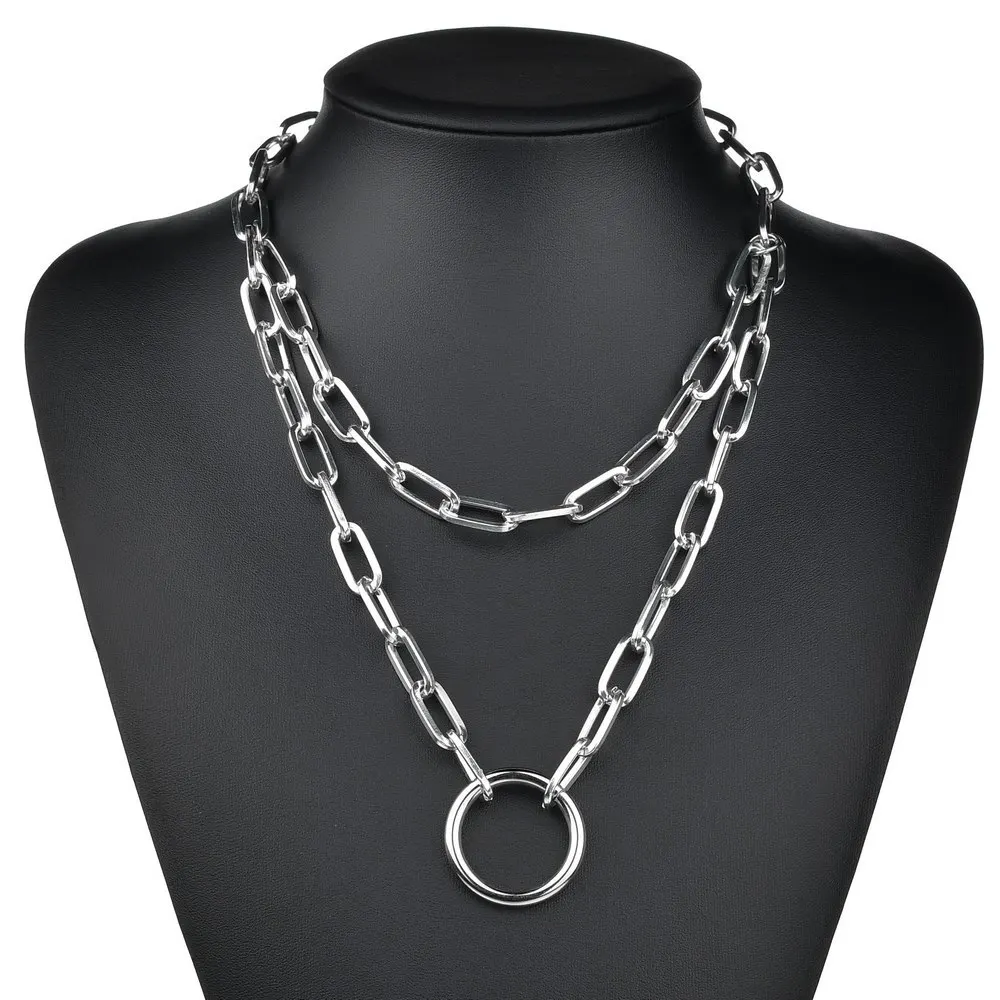 

Multilayer Vintage Circle Pendant Gold Plated Silver Color Necklace Men Hip Hop Chain Necklace For Women Jewelry