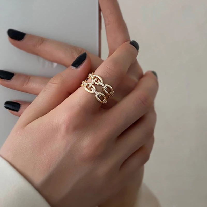 

U-Magical Luxury Double Layer Gold Metallic Metal Ring for Women Chain Rhinestones Open Adjustable Index Finger Ring Jewelry