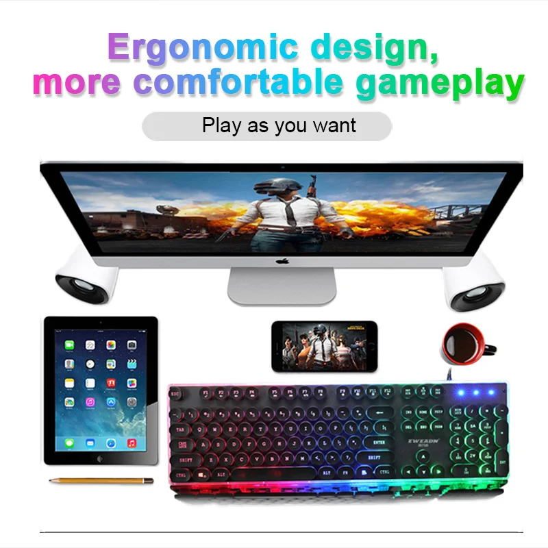 Проводная игровая клавиатура Ретро круглая светящаяся металлическая панель с