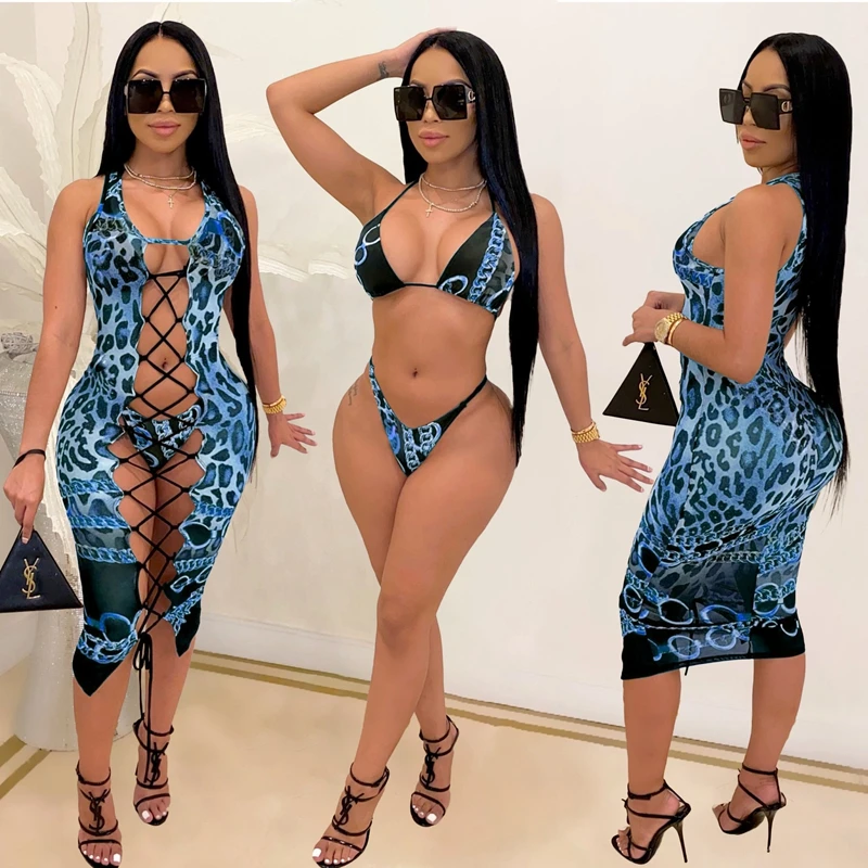 

2021 Fashion Bikini Set And Matching Cover Dress Womens Sleeveless Hollow Out Laced Beach Dress 3 Pieces Outfits Beachwear S-XL