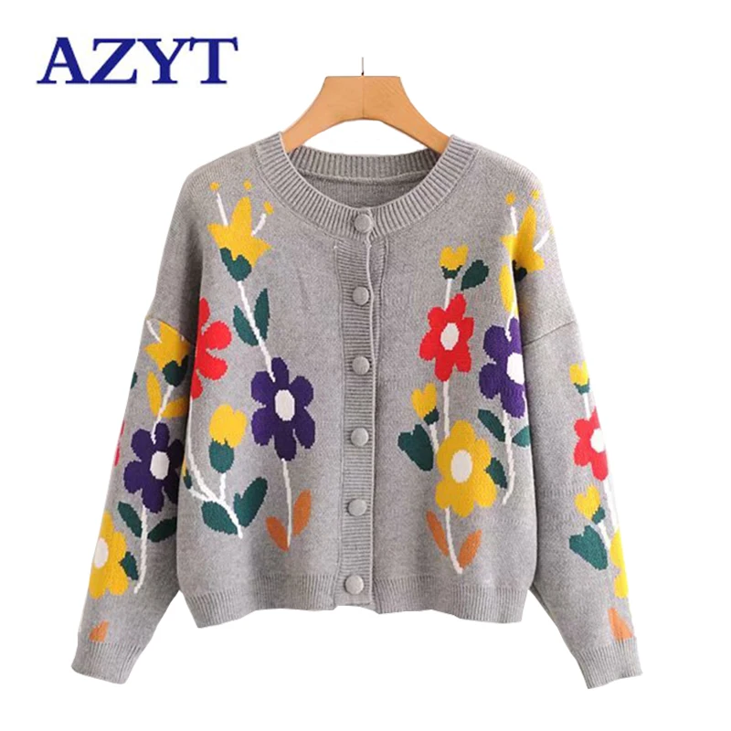 

AZYT осень с круглым вырезом джинсовая куртка в винтажном стиле, в винтажном стиле, Стиль Цветочный принт вязаный кардиган женский 2021 шикарны...