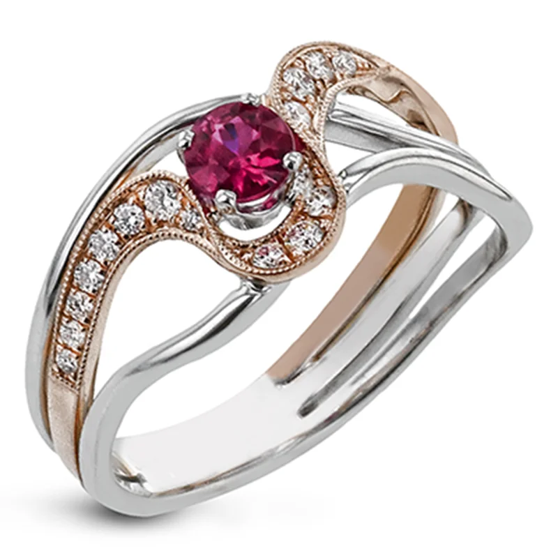 

Fashion U Shape Curving Rose Red Round CZ Stone Ring Women Delicate Two Tone Design Wedding Anniversary Jewelry Gift Wholesale