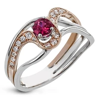 fashion u shape curving rose red round cz stone ring women delicate two tone design wedding anniversary jewelry gift wholesale