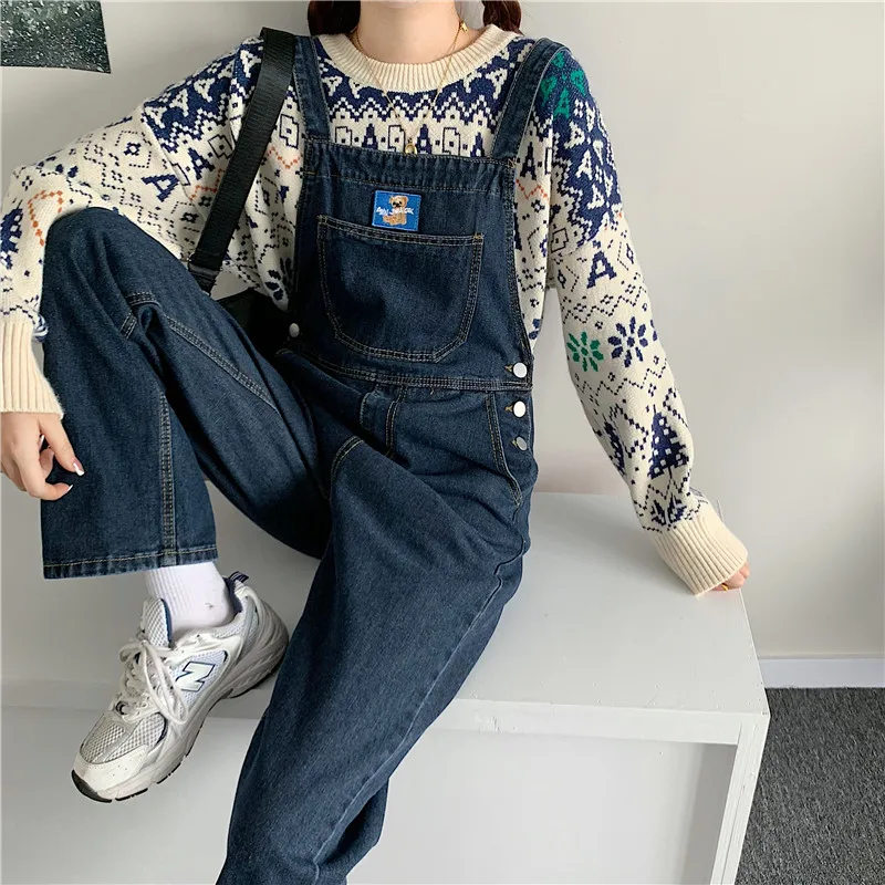 

New Autumn Harajuku Casual Women Jumpsuit Trousers Kawaii Bear Embroidery Retro Overalls Female Loose Denim Jumpsuits Mujer