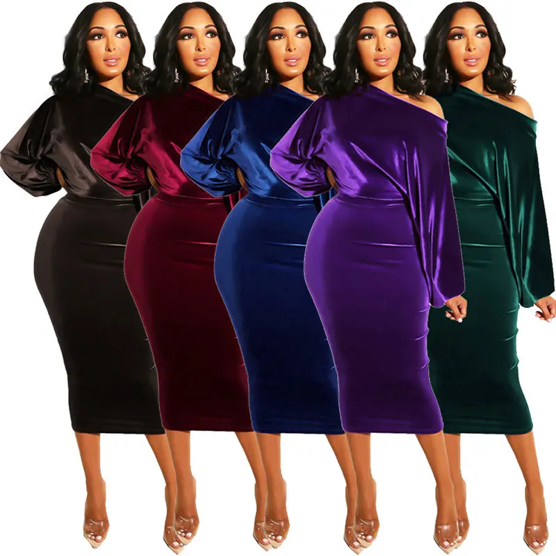 

2021 Spring New European And American Women's Nightclub One Shoulder And Neck Puff Sleeve Suede Wrapped Chest Mid-Length Dress
