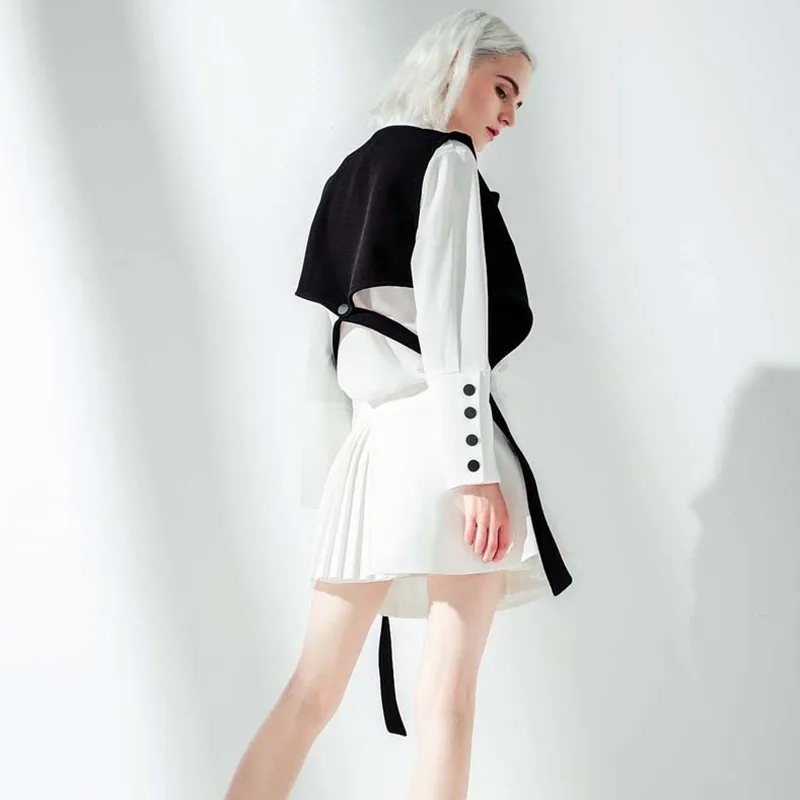 [EAM] 2021 Новинка весна осень отворот длинный рукав черный жилет стежка лента Свободная рубашка из двух частей