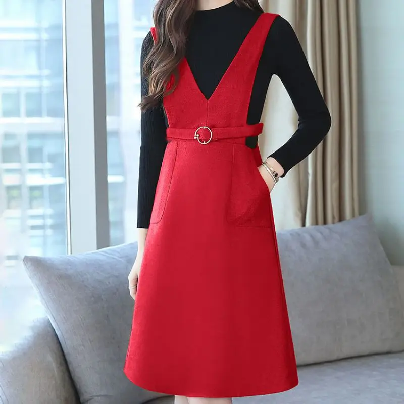 M 2020 Winter Dress Women Sexy Long Sleeve Dot Print Tight Contrast Color A-line Slim Fake Two-Piece vestidos | Женская одежда