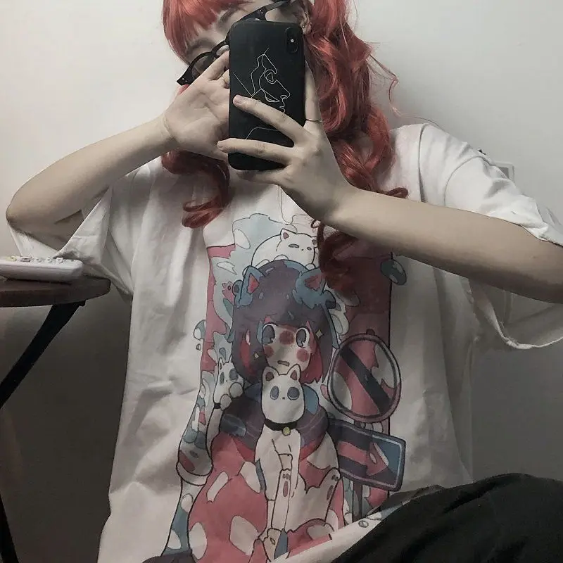 

Summer tshirt Casual Anime Bunny Print Tee Aesthetic Loose T-Shirts Women Long Sleeve Oversize Streetwear Gothic Harajuku Kawaii