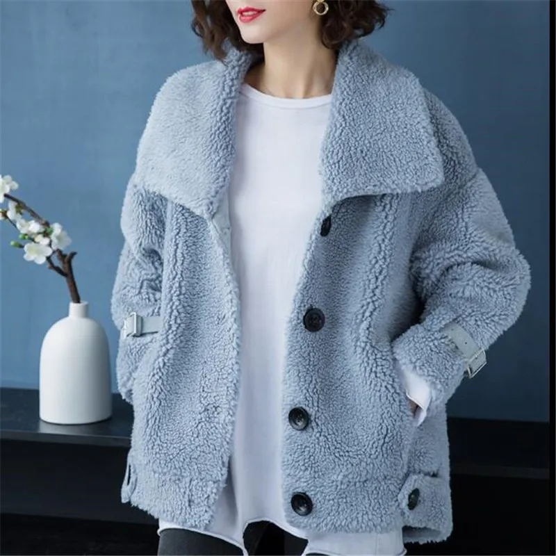 blue Пальто из меха ягненка женская Свободная куртка большого размера Осень Зима Новая женская Высококачественная оторочка из овечьей шерсти теплая парка женская - Цвет: blue