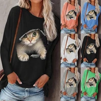 y2g aesthetic 2021 fall winter fashion womens round neck pullover cat printing long sleeve t shirt casual woman tshirts