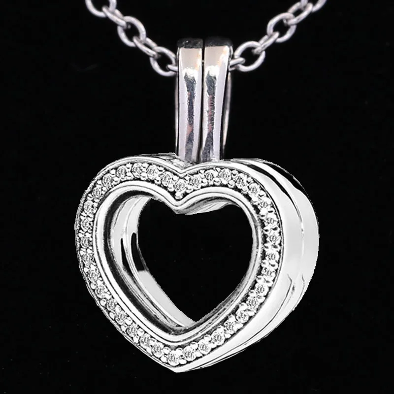 

New 925 Sterling Silver Small Lockets Sparkling Heart Floating Crystal Necklace Fit Fashion Original Bead Charm DIY Jewelry