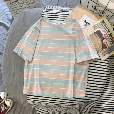 

2020 summer Harajuku female tops kpop Korean vintage women tshirt striped round neck girl tees aesthetic clothes crop Kawaii tee