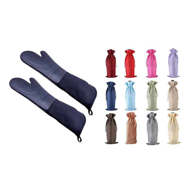 

1 Pair Professional Silicone Oven Mitts Baking Gloves with 12 Pcs Burlap Wine Gift Bags,Drawstring Wine Bottle Covers